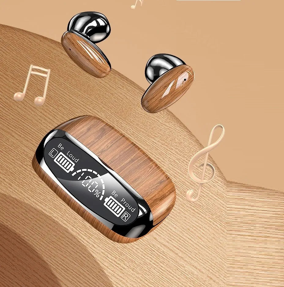 M35 wood grain wireless Bluetooth earbuds with charging case showing power display