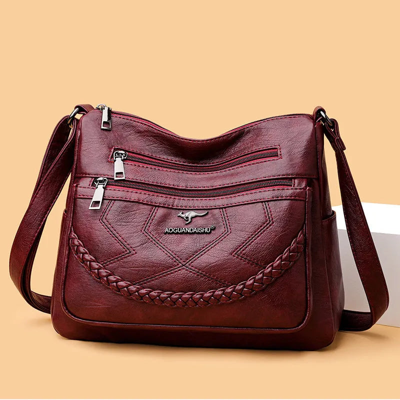 Women's soft leather crossbody shoulder bag in horizontal square design with large capacity