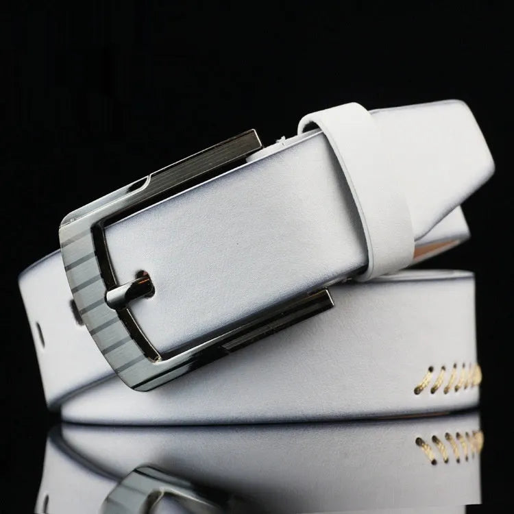 Men's black threading pattern casual belt with alloy pin buckle, laid flat showing 110cm length