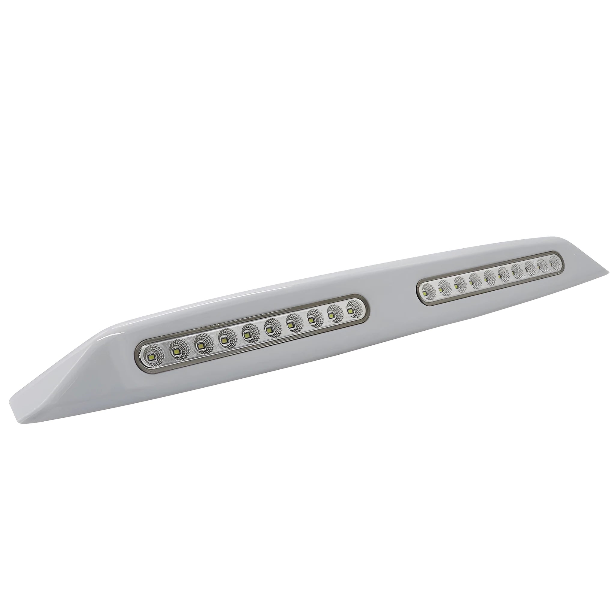 Silver aluminium caravan porch light with white LED mounted on exterior wall