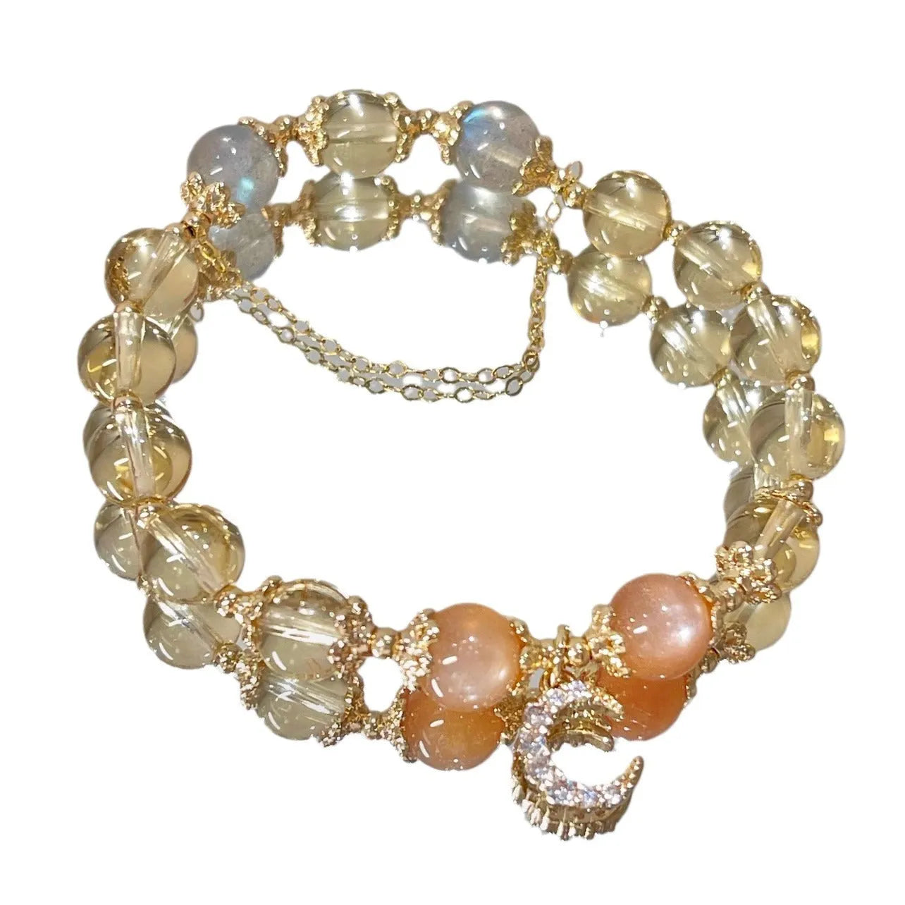 Citrine moon crystal bracelet with 14K gilded finish and diamond cut for women