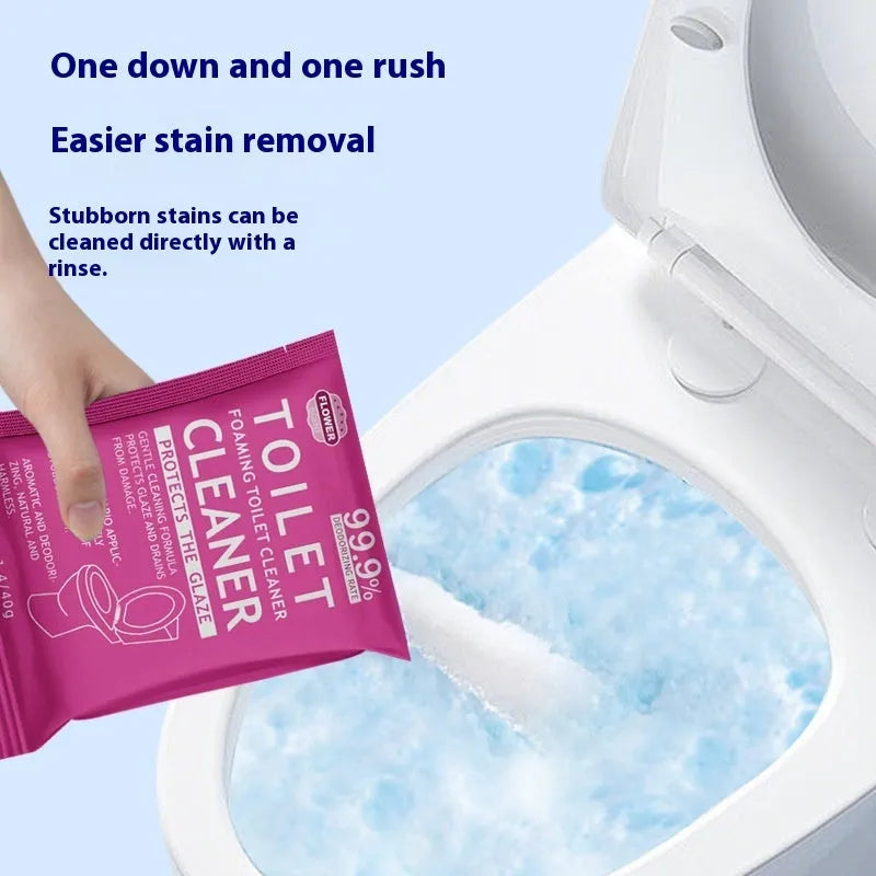 Toilet Bubble Powder cleaning product in blue ocean or pink floral fragrance, showing 240g bag and 5x40g box options.
