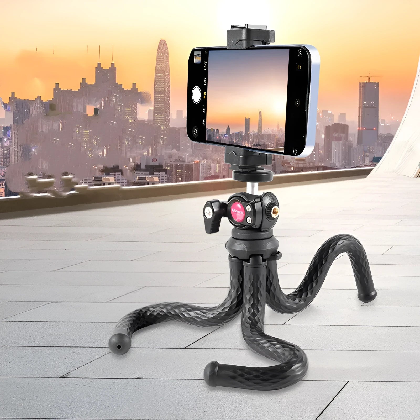 Black octopus-style flexible phone tripod with mobile clip on aluminium stand