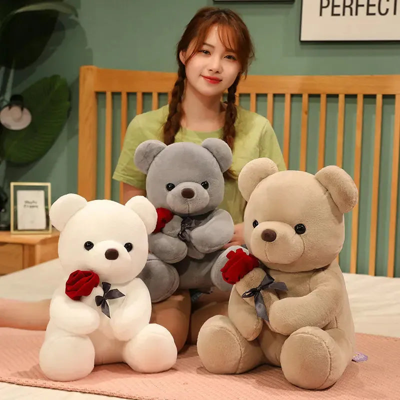 Soft plush rose bear teddy doll in beige, brown or grey colours with PP cotton stuffing