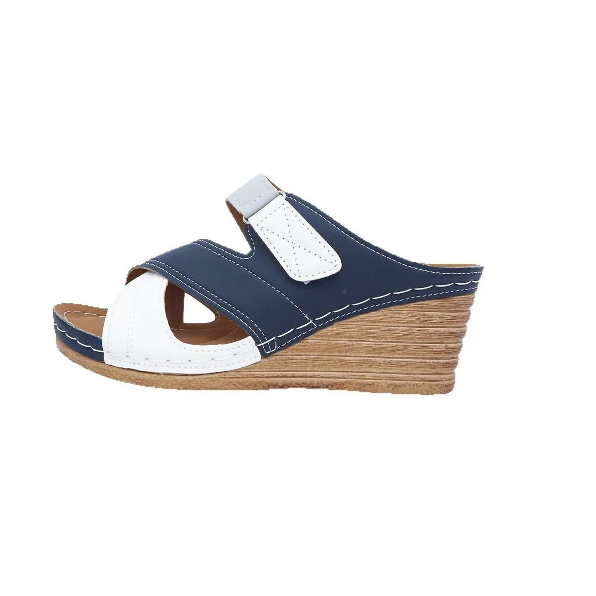 Women's Velcro strap wedge slippers in multiple colour options showing fish mouth toe shape and rubber sole