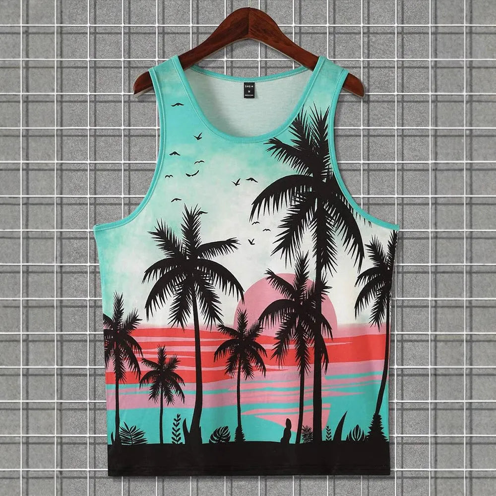 3D printed men's Hawaiian style sleeveless vest tank top in solid colour polyester pinhole cloth