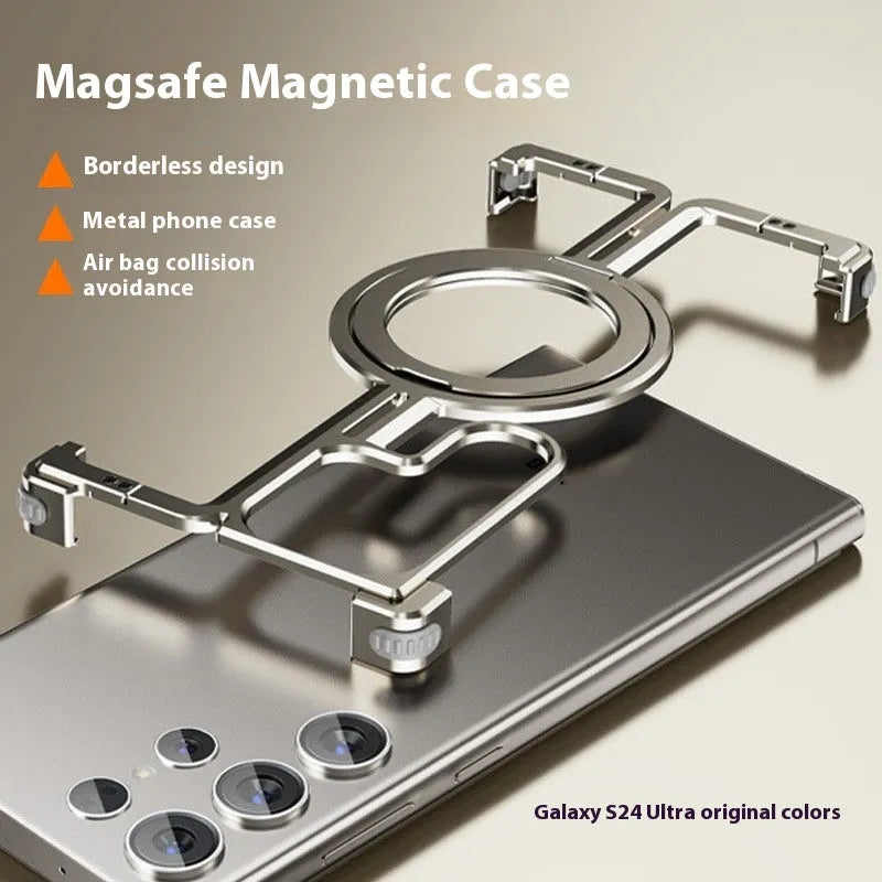 Metal drop-resistant frameless magnetic bracket case for Samsung S24 series in black with electroplated finish