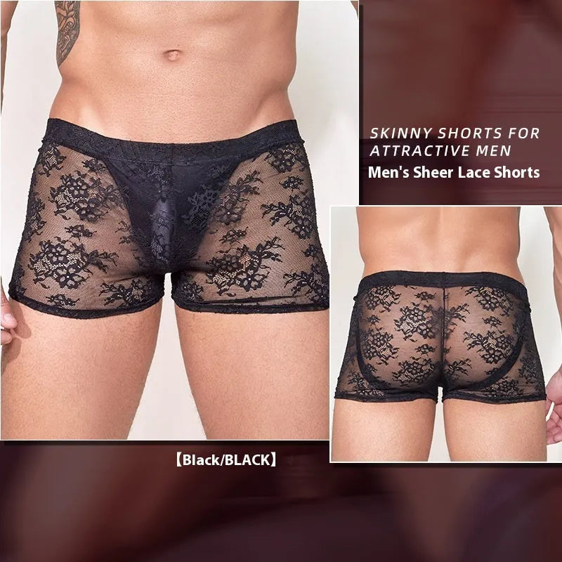 Men's black nylon boxer briefs with a white lace design detail on the front.