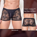 Men's black nylon boxer briefs with a white lace design detail on the front.