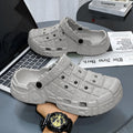 Men's non-slip thick bottom EVA hole sandals in black, gray, and sand colour