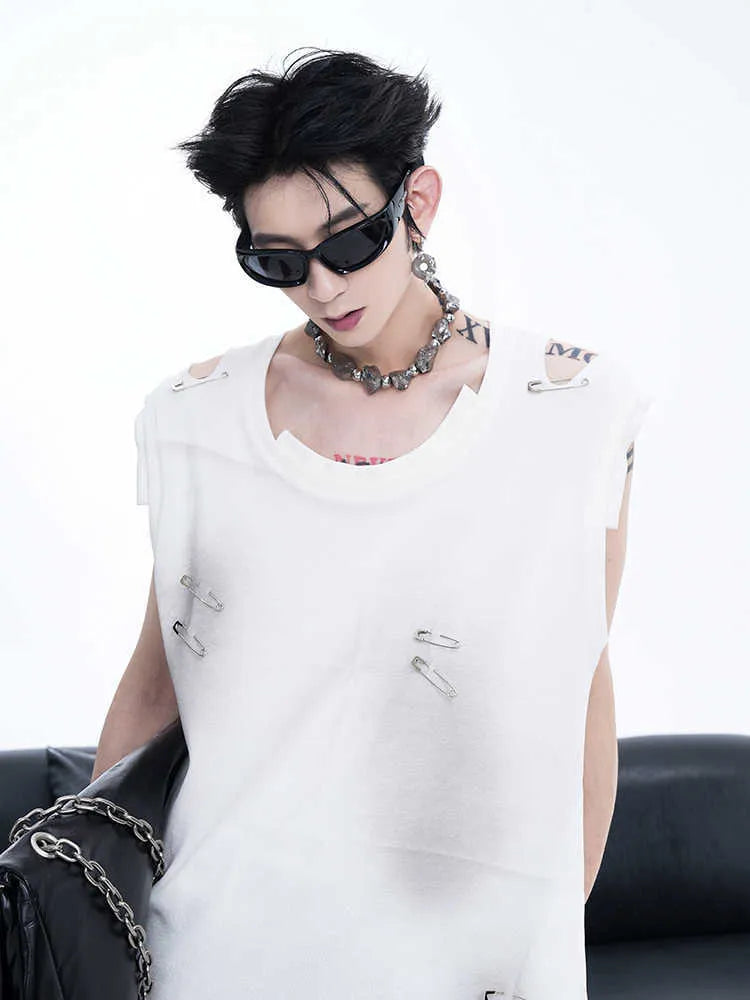 Men's black sleeveless vest with irregular cutting piece design and round neck collar