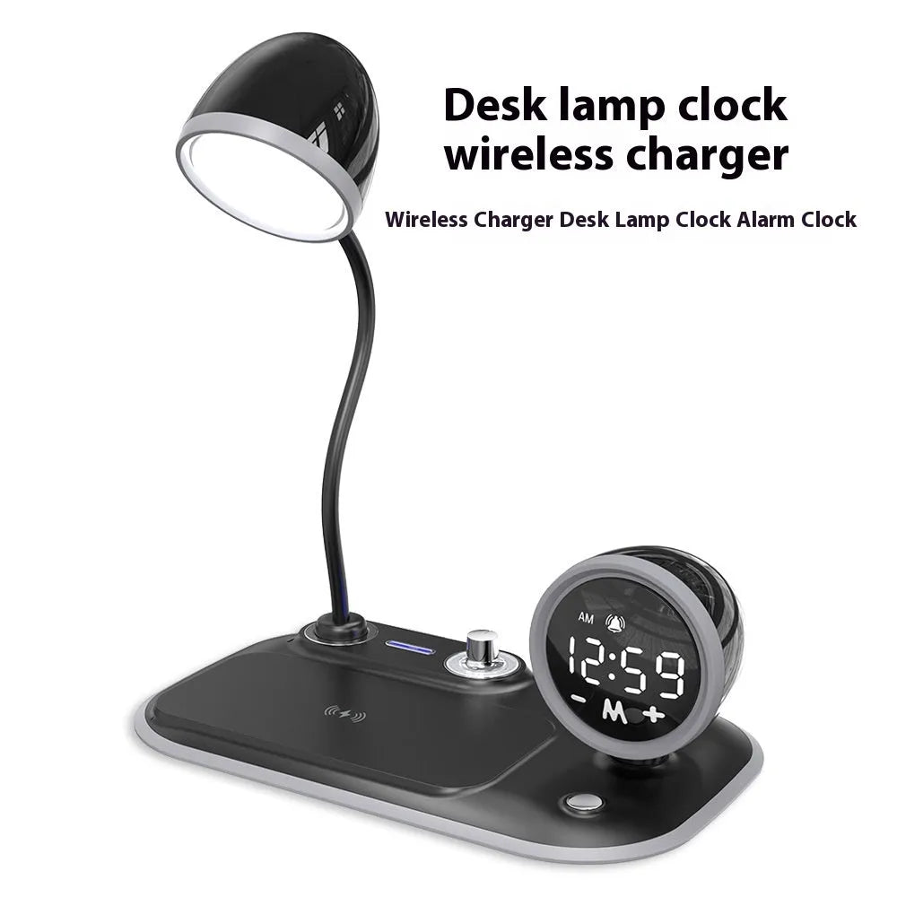Three-in-one clock wireless charger desk lamp with 49 white LED beads, ABS material, black colour option