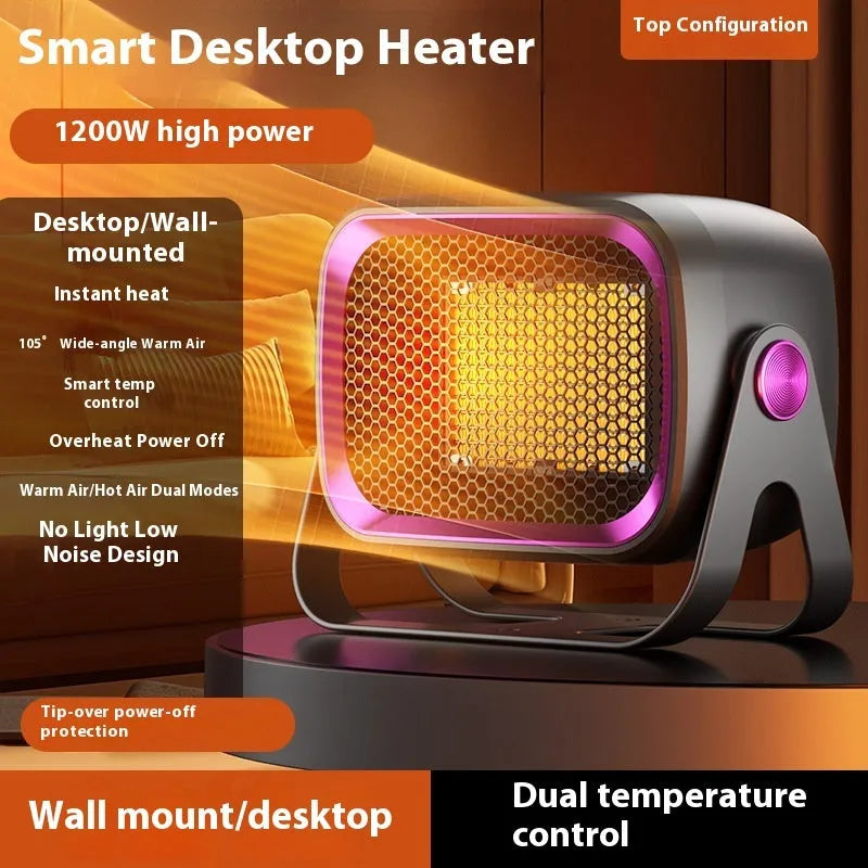 White desktop electric fan heater with push-button controls and a rotatable base on a wooden table.