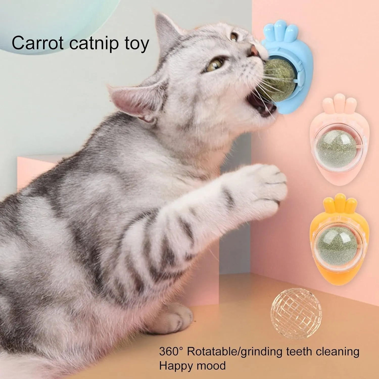 Blue carrot-shaped catnip ball with self-adhesive backing for wall-mounted feline dental care