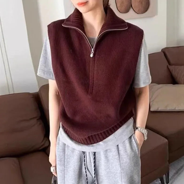 Retro half zip sleeveless knit vest with 3D mesh fabric texture in solid colour