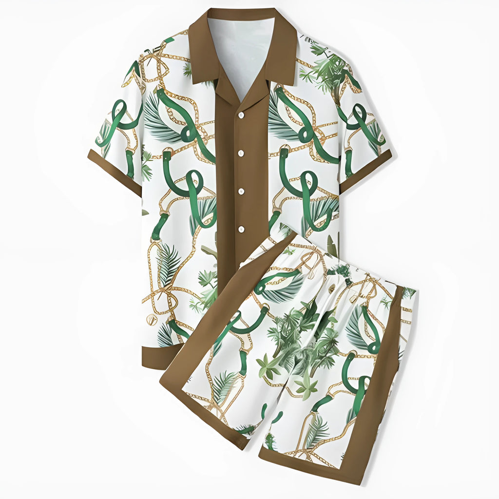 Polyester beach shirt and trousers outfit set with plaid pattern, short sleeves