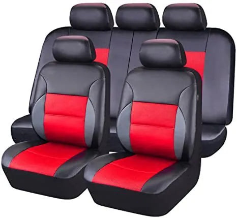 Artificial leather car seat cover set showing front seat, rear bench, and headrest pieces in black.