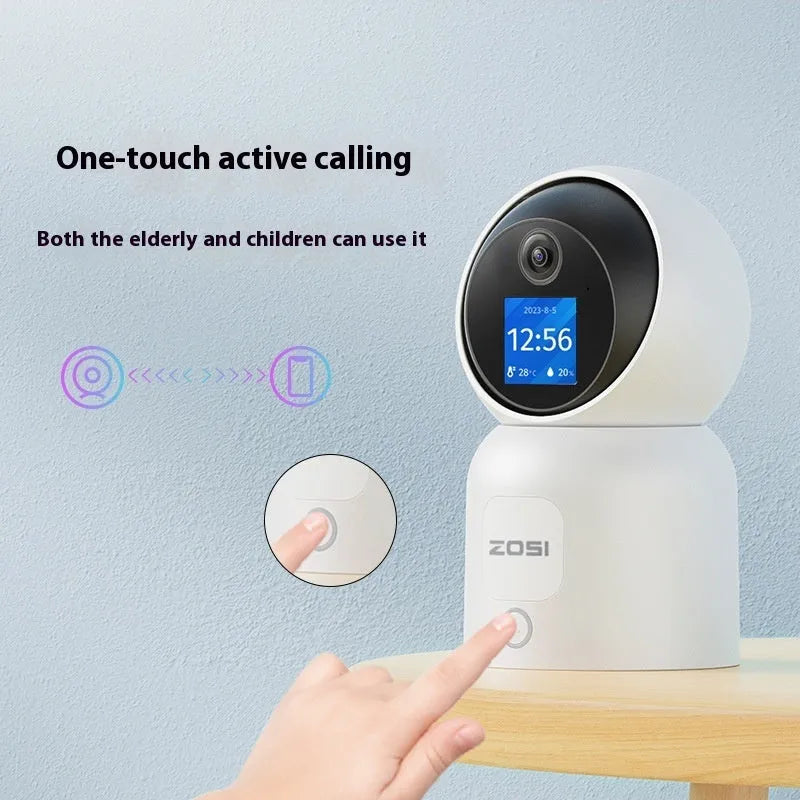 Zhou Shi wireless indoor security camera with built-in screen on white plastic housing