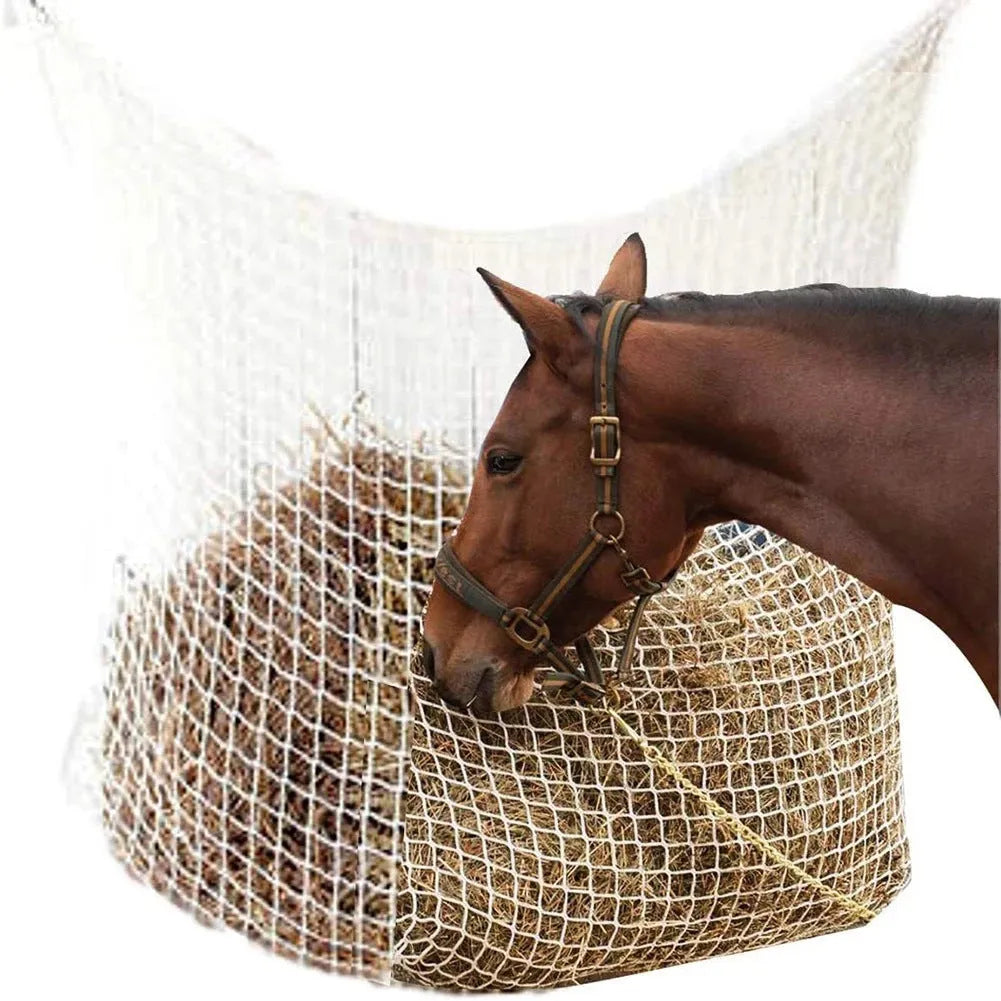 Black woven PE rope hanging feeding bag with grid mesh, sized for a horse.
