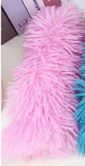 Plush cat toy pillow with squeaker in blue, green, pink, or white colours measuring 27cm by 10cm
