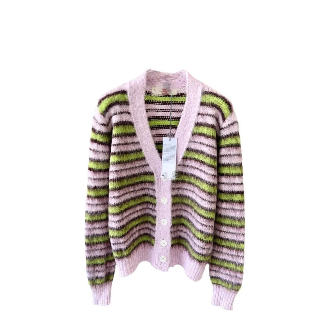 Pink women's wool cardigan with nap texture shown as both pullover and cardigan styles