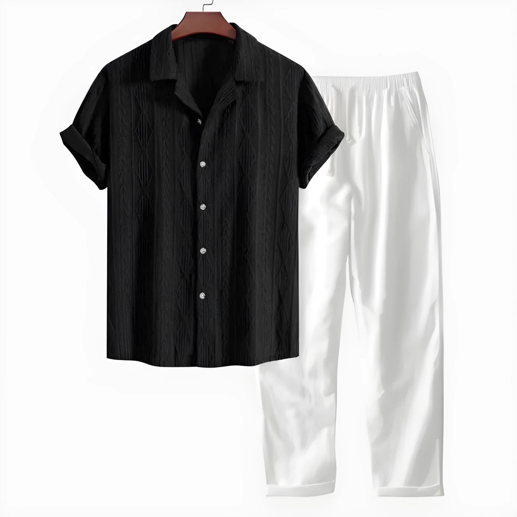Men's slim fit camouflage print short sleeve shirt and plain trousers casual suit set