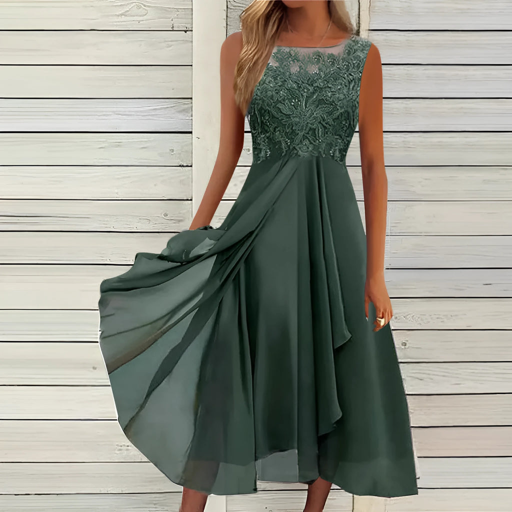 Women's sleeveless chiffon dress with hollow-out lace stitching in blue, green or purple colour options