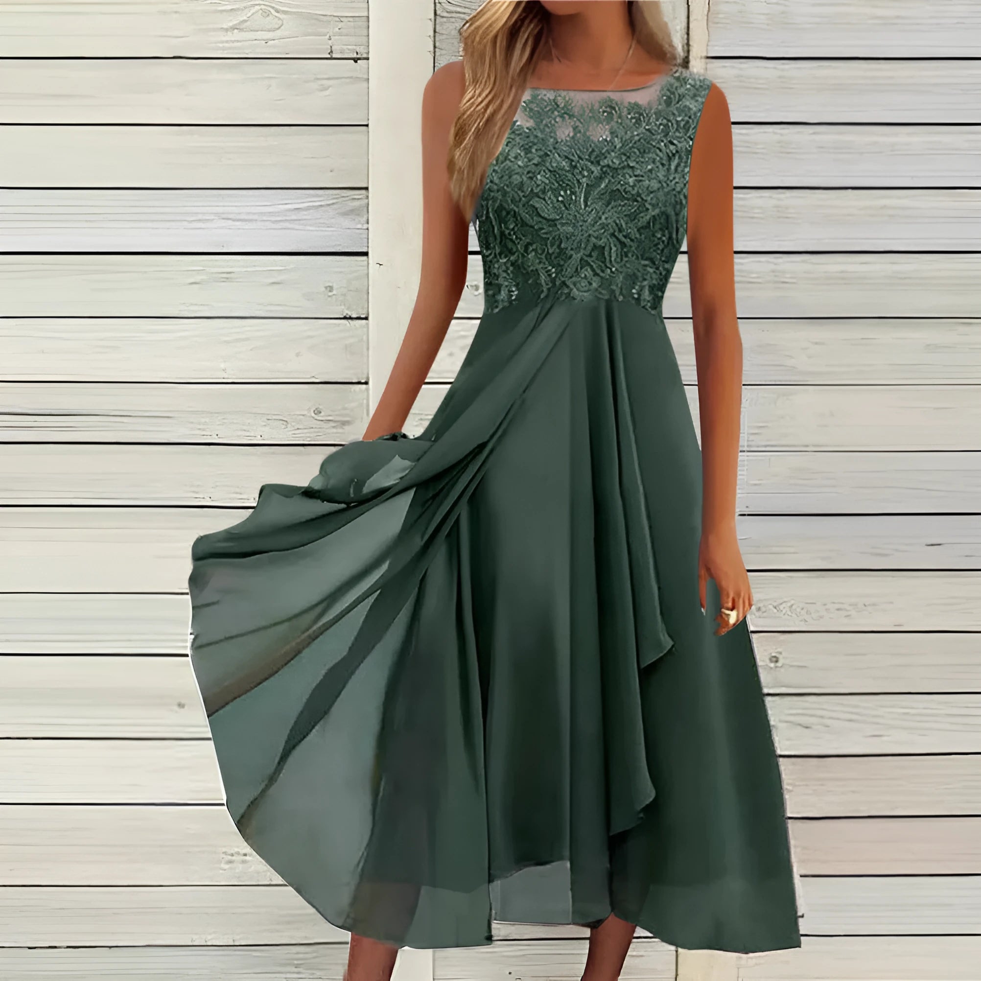 Women's sleeveless chiffon dress with hollow-out lace stitching in blue, green or purple colour options