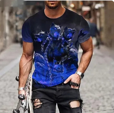Men's grey T-shirt with a fierce lion's head in raised 3D print on the front.