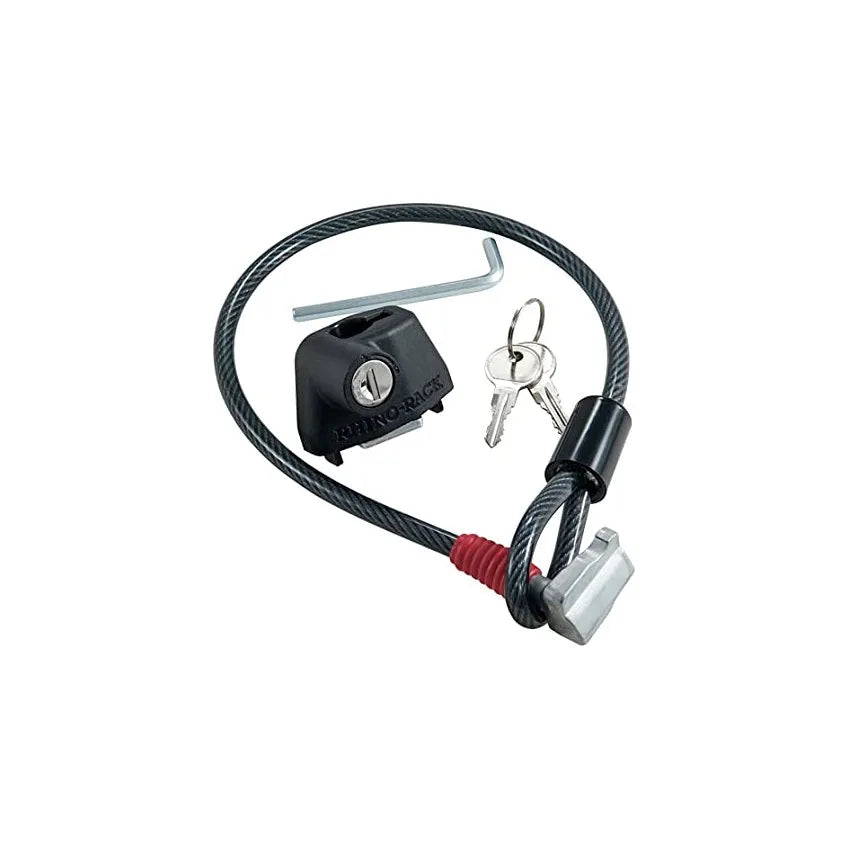 Plastic-sheathed steel cable fixed lock for securing equipment on a vehicle roof platform.