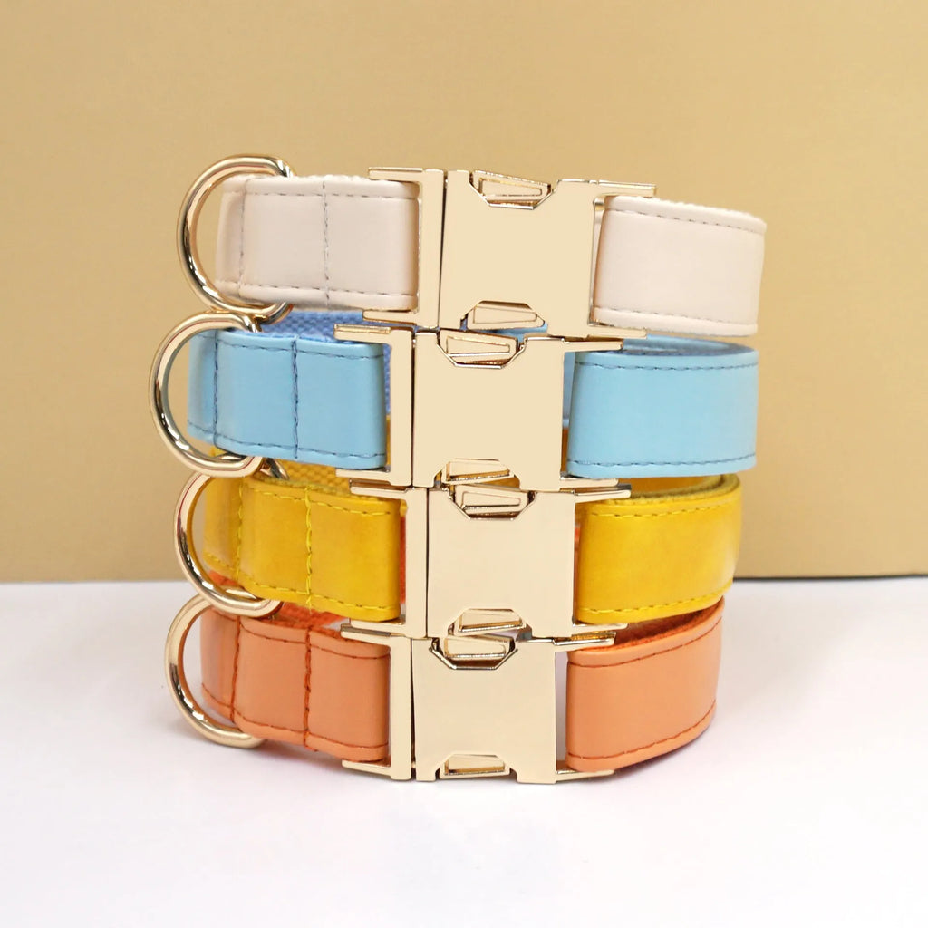 Leather dog collar with colour blocking design in caramel colour, size M