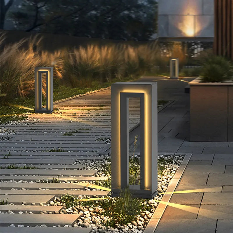 Solar square outdoor garden landscape lamp in geometric abstract art design, stainless steel and acrylic, IP65 waterproof, 62cm height