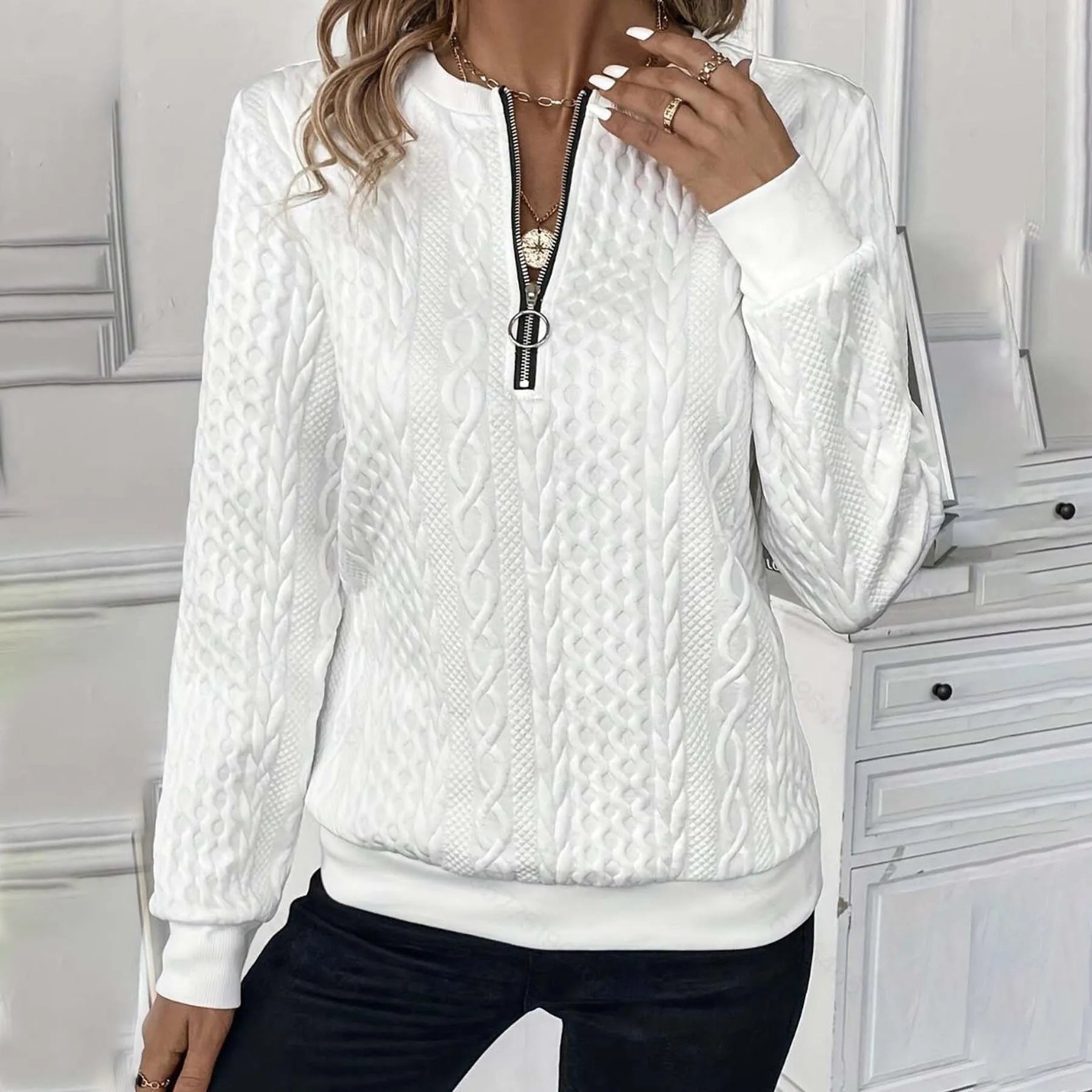 Women's loose fit zipper cardigan with 3D effect pattern in apricot, polyester fabric