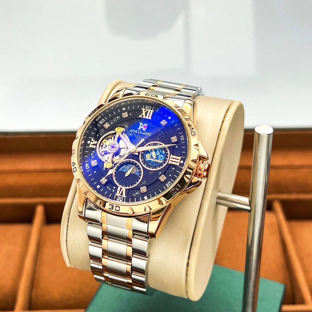 Men's rose gold automatic mechanical watch with black dial and 12mm thick case.