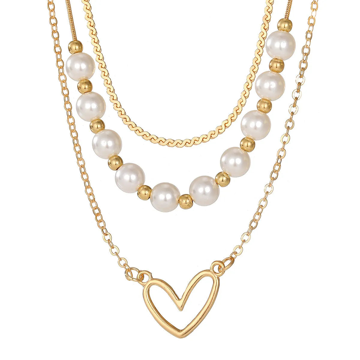 Vintage love heart pearl gold necklace with electroplated alloy pendant and adjustable pearl chain on a white background