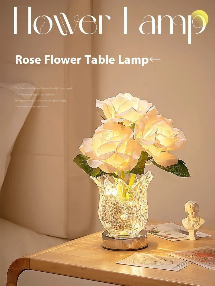 Crystal flowers touch dimmable table lamp with USB charging cable on bedside table
