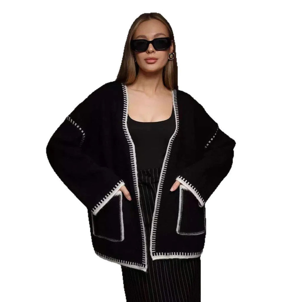 Lace-up front knitted cardigan sweater coat in imitation cashmere cotton fabric
