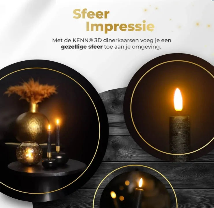 Set of four black LED taper candles with realistic 3D flame effect on wooden surface