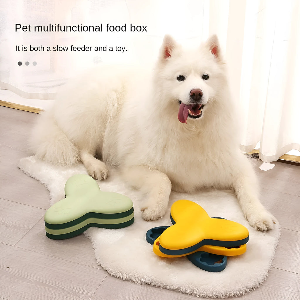Green dog puzzle toy slow feeder with 9 compartments and bone covers on a non-slip base for interactive training