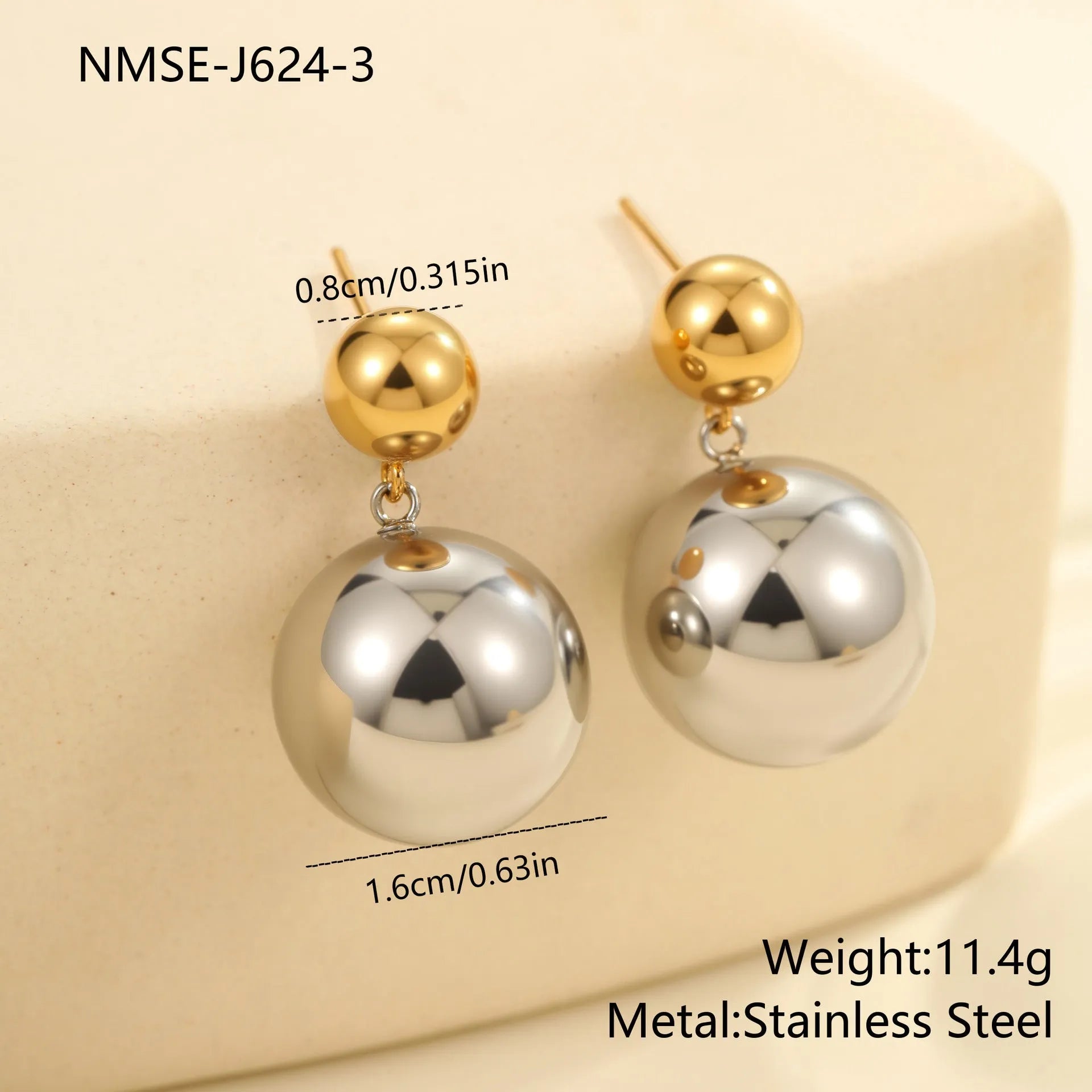 Geometric colour-block ear studs with round beads in stainless steel and 18K electroplating