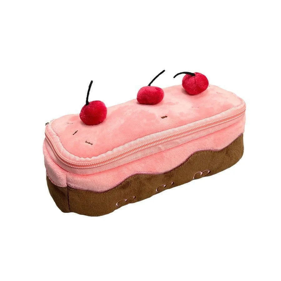 Cherry Cake plush design velvet pencil case with a zip closure.