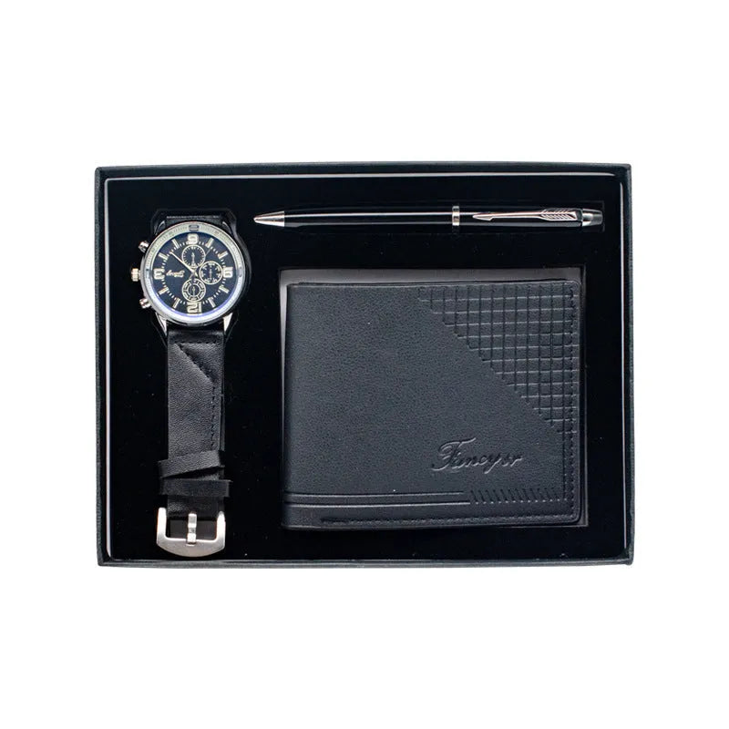 Business gift set containing a watch, wallet, and pen in a gift box, shown in brown and black colour options.