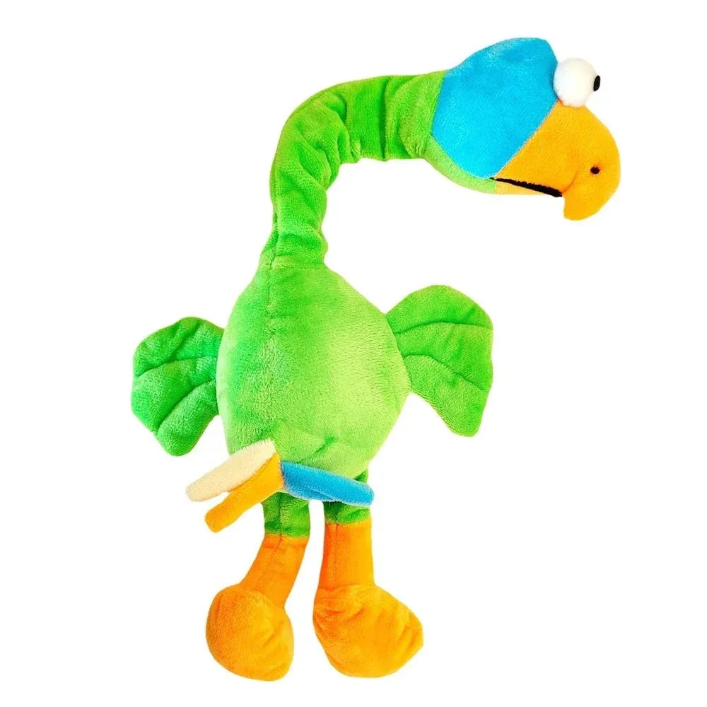 Screaming chicken sound dog chew toy in black, green and orange colours with bite resistant squeaky design