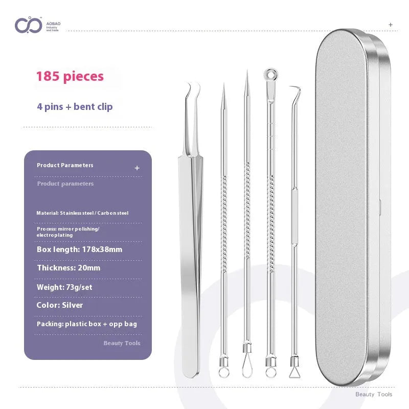 Four-piece stainless steel acne needle set with ultra-fine pointed tips and extraction clip on silver background