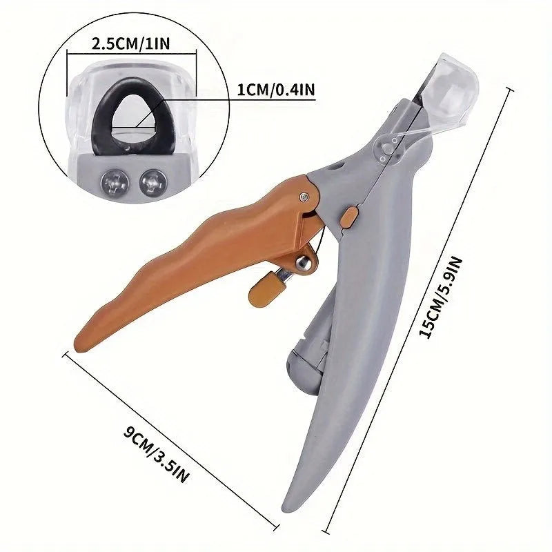 Yellow LED pet nail trimmer with magnifying glass for dogs and cats on a white background.