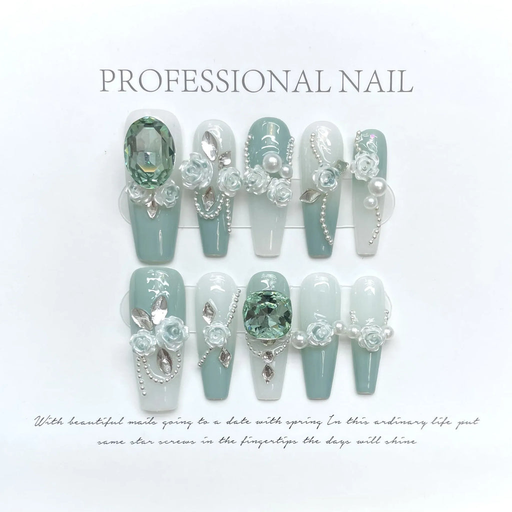 Plastic nail art armour suit with diamond camellia gradient chain and bow butterfly patterns in sizes XS S M L