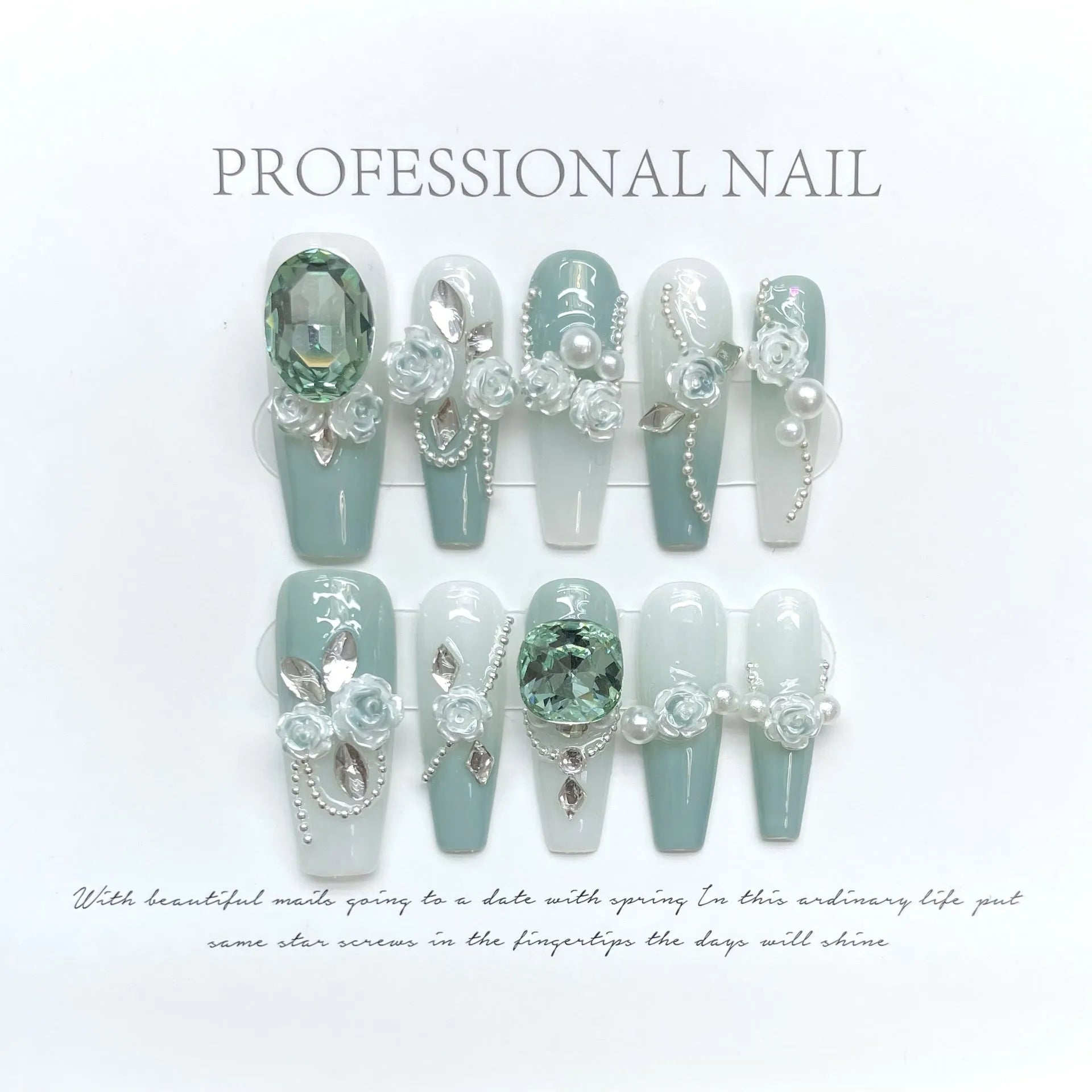Plastic nail art armour suit with diamond camellia gradient chain and bow butterfly patterns in sizes XS S M L