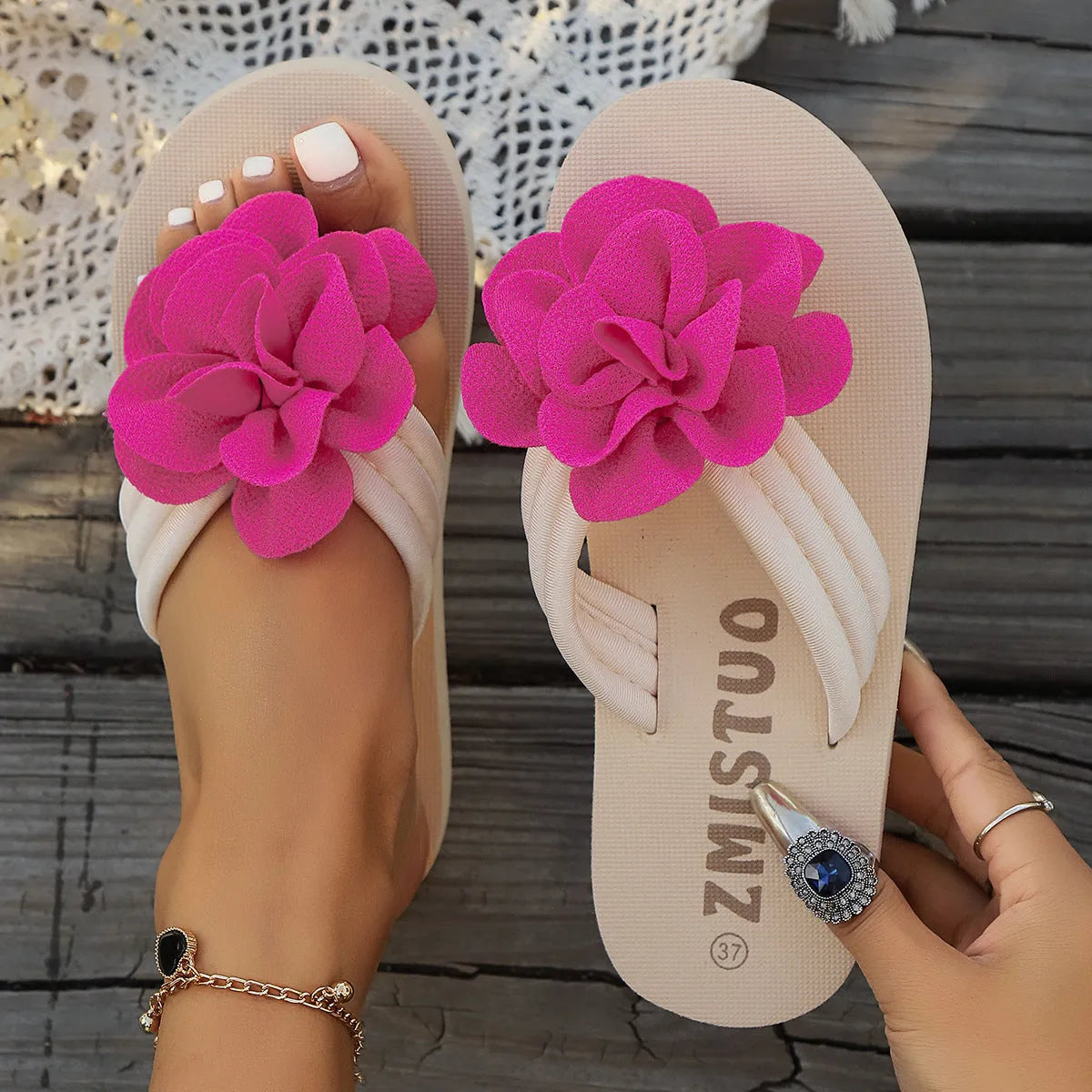 Plus size flower solid colour PU slippers in beige with open round toe, side view