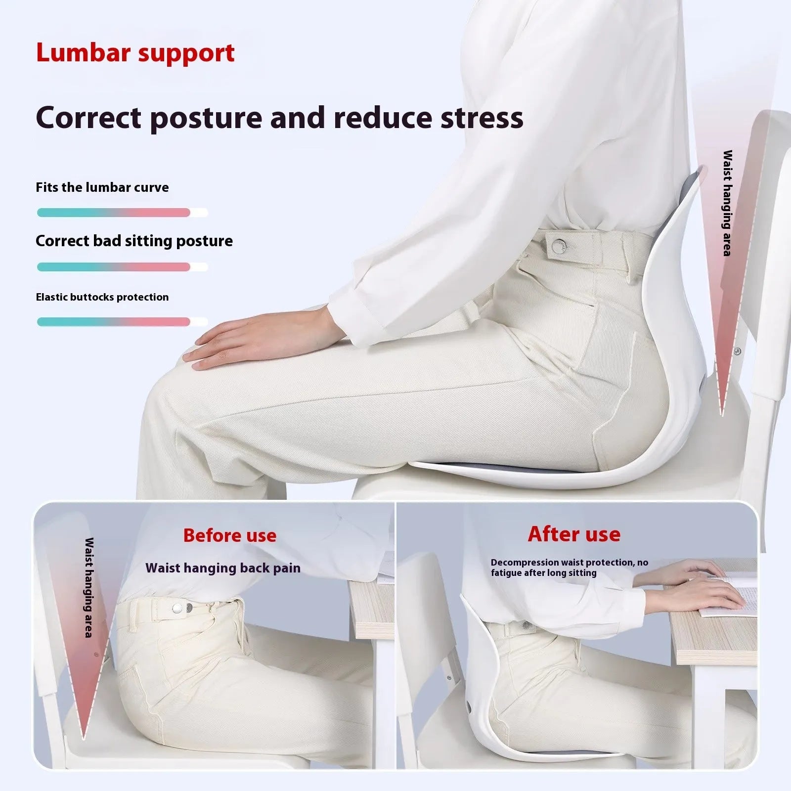 Grey and Black waist support seat cushion with lumbar support design for extended sitting comfort