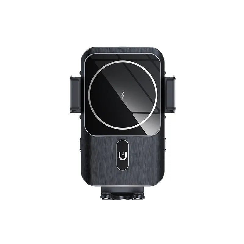 Black car wireless charging phone holder showing 15W charging with suction cup and clip mounting options